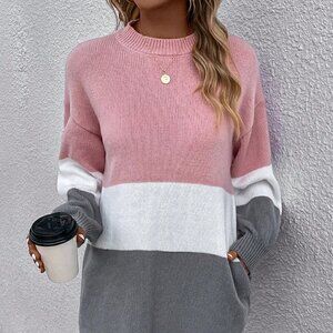 Multicolor Casual Womens Color Block Drop Shoulder Sweater Dress
